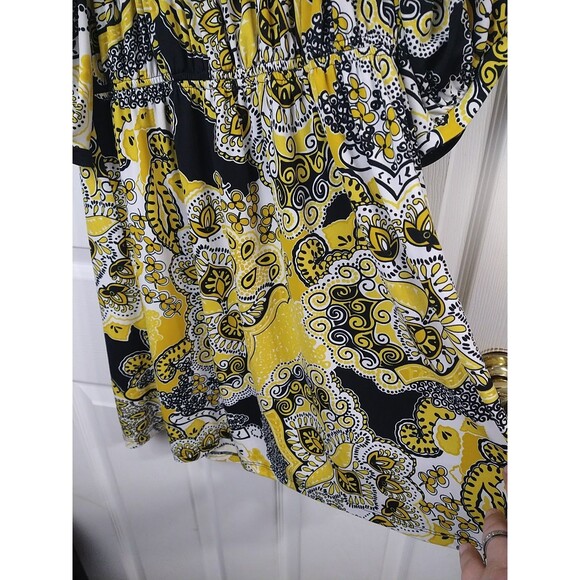 FANG Woman L Tunic Blouse Babydoll Yellow Black S/S Retro Hippie Casual - Picture 5 of 7